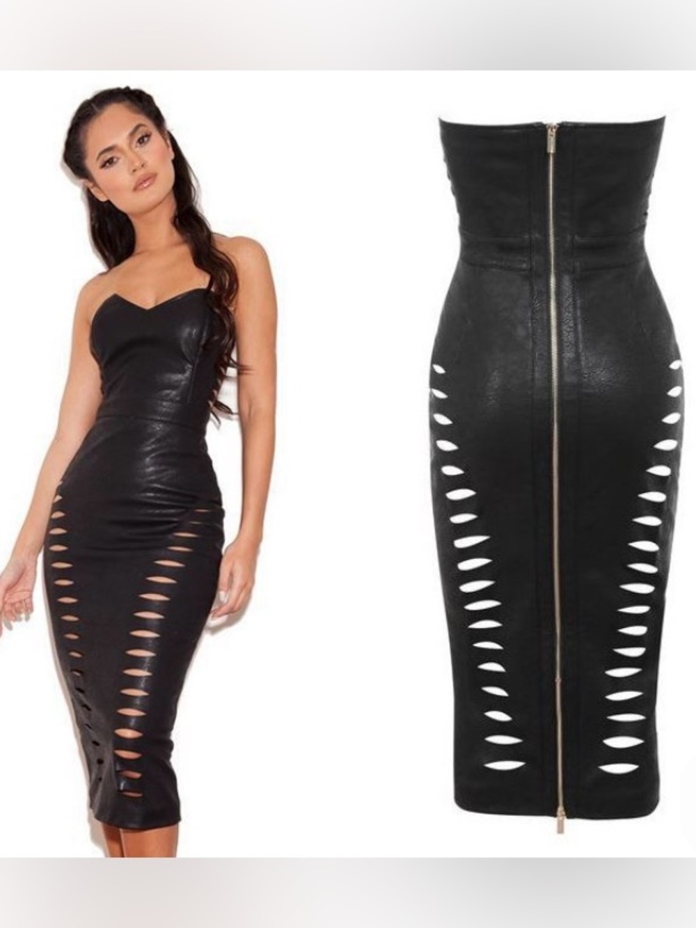 Rare House of CB Riki Black Strapless Cutout Leather Bodycon Dress